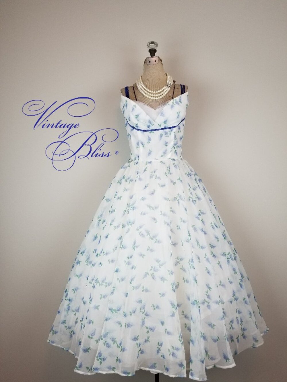 Beautiful Vintage 1950's White with Blue Florals Party Dress by Laurie Deb Small